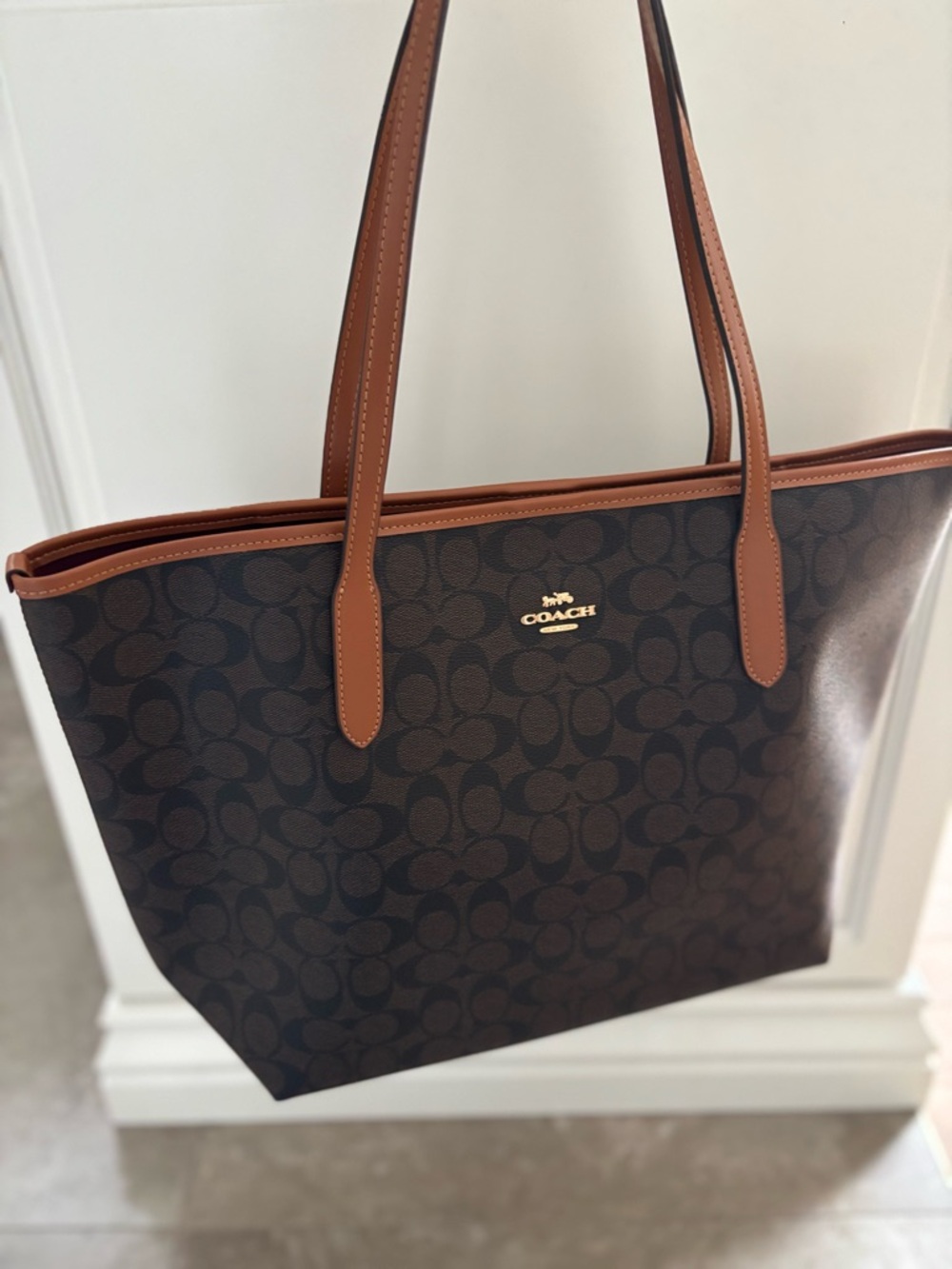 Coach Dark Brown Signature Tote with Saddle Trim